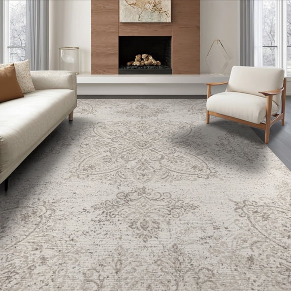 ODIKA 8'x10' Washable Area Rug Neutral Farmhouse Boho Faded Print Motifs Ivory Beige Dining for Living Room, Under Sectional, Family , Durable, Non-Slip