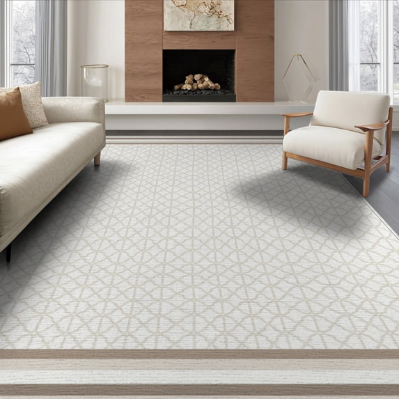 ODIKA 8'x10' Washable Area Rug Neutral Interlocking Boho Geometric Minimalist Farmhouse Ivory for Dining Room, Large Office, Lounge, Non-Slip Chair-Friendly Mat