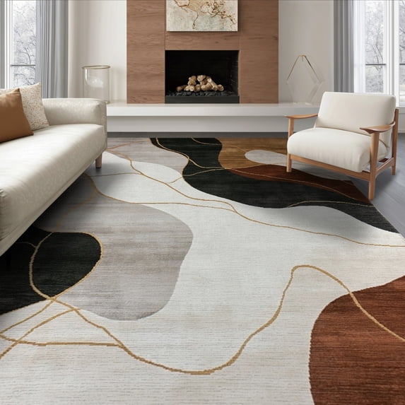 ODIKA 8'x10' Washable Area Rug Non-Shedding, Easy Care, Abstract Contemporary Marbled Swirl Minimalist Brushstroke Watercolor for King Size Bedroom Under Bed, Master Suite