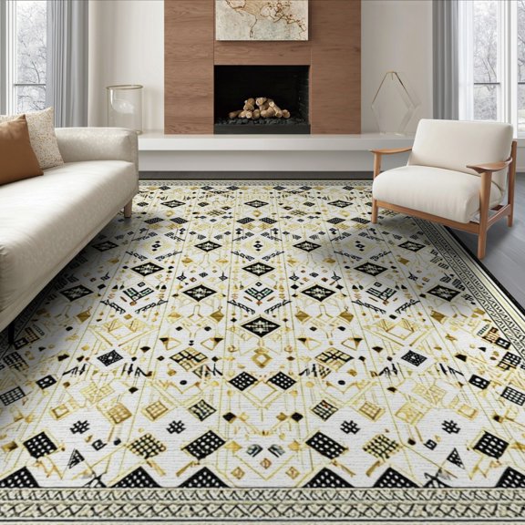 ODIKA 8'x10' Washable Area Rug Non-Shedding, Easy Care, Abstract Geometric Motif Boho Detailing Interlocking Lattice for King Size Bedroom Under Bed, Master Suite