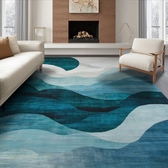 ODIKA 8'x10' Washable Area Rug Non-Shedding, Easy Care, Abstract Modern Wave Ripple Design With Minimalist Watercolor Flow Accents for King Size Bedroom Under Bed, Master Suite