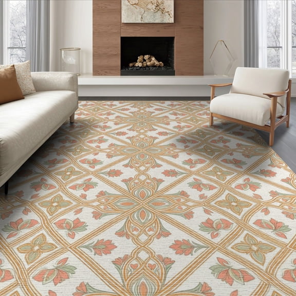 ODIKA 8'x10' Washable Area Rug Non-Shedding, Easy Care, Allover Trellis Delicate Border Scroll Ornate Neutral Vintage Refined Structured for King Size Bedroom Under Bed, Master Suite