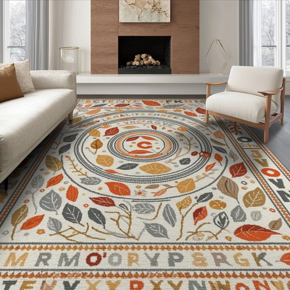 ODIKA 8'x10' Washable Area Rug Non-Shedding, Easy Care, Alphabet Abc Circle Letter Motif Classroom Childcare Oval Playroom for King Size Bedroom Under Bed, Master Suite