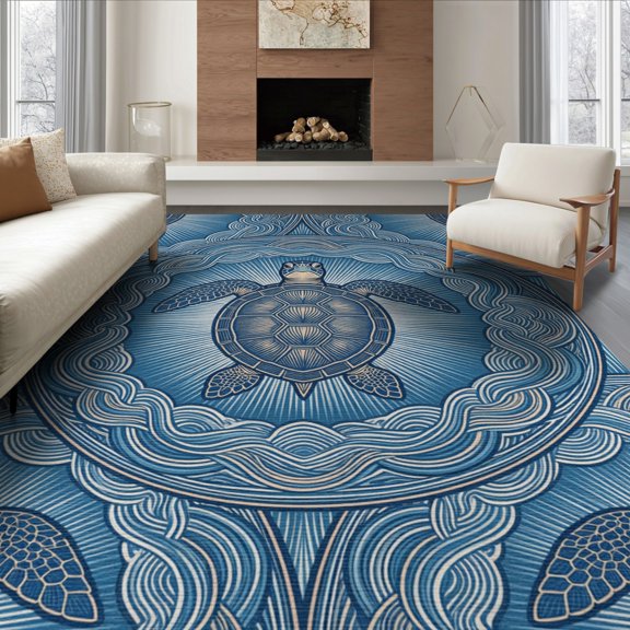ODIKA 8'x10' Washable Area Rug Non-Shedding, Easy Care, Animals Nautical Creature Interlocking Wave Ring Motif Balanced for King Size Bedroom Under Bed, Master Suite