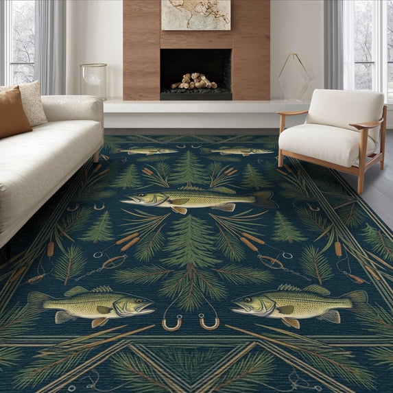 ODIKA 8'x10' Washable Area Rug Non-Shedding, Easy Care, Bass Lake Vintage Lure Cabin Motif Tackle Border Fish Fishing Refined Structured for King Size Bedroom Under Bed, Master Suite