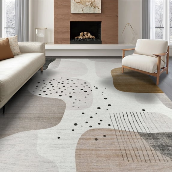 ODIKA 8'x10' Washable Area Rug Non-Shedding, Easy Care, Beige Abstract Boho Brushstroke Minimalist Speckled An Under for King Size Bedroom Bed, Master Suite