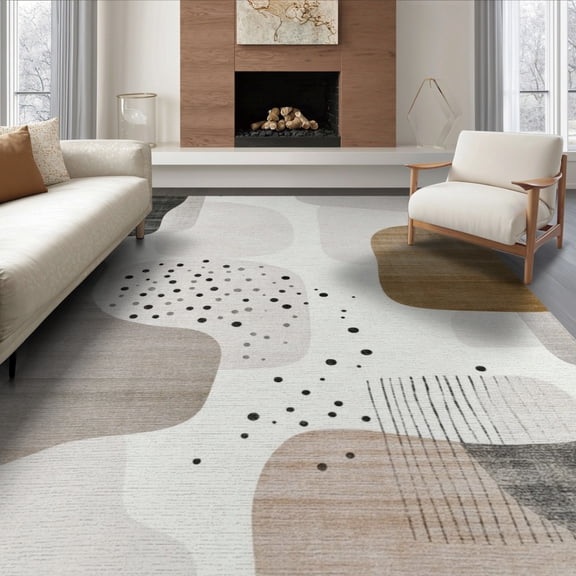 ODIKA 8'x10' Washable Area Rug Non-Shedding, Easy Care, Beige Abstract Boho Brushstroke Minimalist Speckled An Under for King Size Bedroom Bed, Master Suite