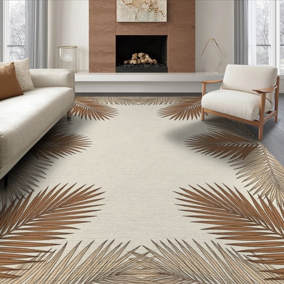 ODIKA 8'x10' Washable Area Rug Non-Shedding, Easy Care, Beige Cream Foliage Spread Symmetrical Border Frame Rectangular for King Size Bedroom Under Bed, Master Suite