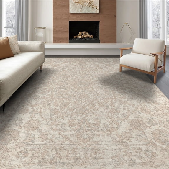 ODIKA 8'x10' Washable Area Rug Non-Shedding, Easy Care, Beige Para Ornamental Faded Decorative Tapetes Sala Neutral Cream for King Size Bedroom Under Bed, Master Suite