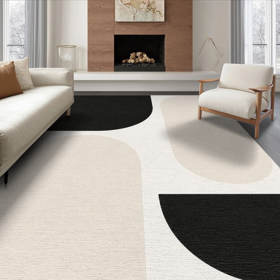 ODIKA 8'x10' Washable Area Rug Non-Shedding, Easy Care, Black Beige Geometric Abstract Design Elegant Contrast with Minimalist Curves for King Size Bedroom Under Bed, Master Suite