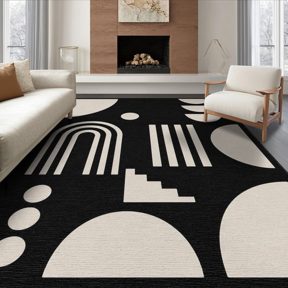 ODIKA 8'x10' Washable Area Rug Non-Shedding, Easy Care, Black Cream Geometric Design Contemporary Art Inspired Visual Symmetry for King Size Bedroom Under Bed, Master Suite