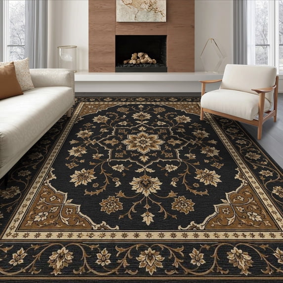 ODIKA 8'x10' Washable Area Rug Non-Shedding, Easy Care, Black Gold Elegance with Floral Vine Motifs Elegant Symmetrical Design Intricate Border for King Size Bedroom Under Bed, Master Suite