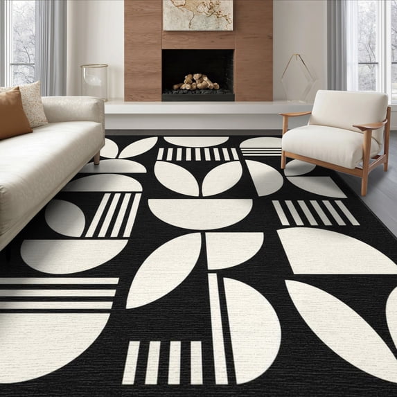 ODIKA 8'x10' Washable Area Rug Non-Shedding, Easy Care, Black White Geometric Leaf and Stripe Design Elegant Contrast with Abstract Botanical for King Size Bedroom Under Bed, Master Suite
