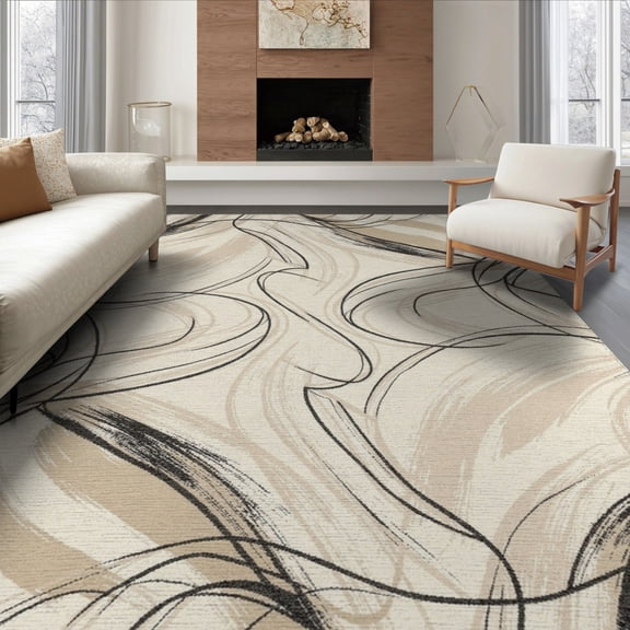 ODIKA 8'x10' Washable Area Rug Non-Shedding, Easy Care, Black And White Interlocking Lines With Modern Motif Abstract Flowing Dynamic for King Size Bedroom Under Bed, Master Suite
