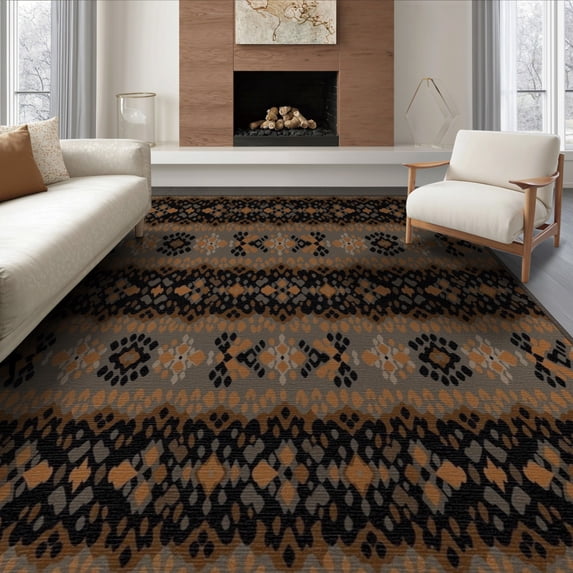 ODIKA 8'x10' Washable Area Rug Non-Shedding, Easy Care, Boho Ink Blot Motif With Modern Interlocking Accents Abstract Flowing Dynamic for King Size Bedroom Under Bed, Master Suite