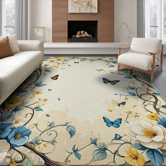 ODIKA 8'x10' Washable Area Rug Non-Shedding, Easy Care, Boho Motif Whimsical Butterfly Vine Border Scattered Delicate for King Size Bedroom Under Bed, Master Suite
