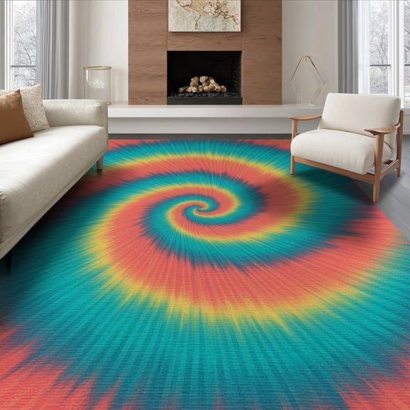 ODIKA 8'x10' Washable Area Rug Non-Shedding, Easy Care, Boho Rainbow Swirl With Ombre Gradient Abstract Hippie Art Tie Dye Refined for King Size Bedroom Under Bed, Master Suite