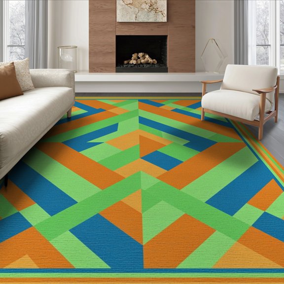 ODIKA 8'x10' Washable Area Rug Non-Shedding, Easy Care, Century Striped Geometric Retro Abstract Prism Bold Vibrant Mid Flowing Dynamic for King Size Bedroom Under Bed, Master Suite