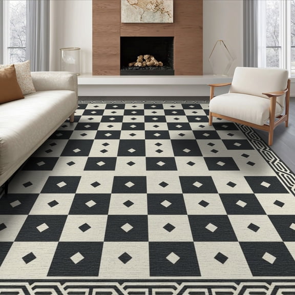 ODIKA 8'x10' Washable Area Rug Non-Shedding, Easy Care, Checkered Contrasting Block Structured Framework Visual Entry for King Size Bedroom Under Bed, Master Suite