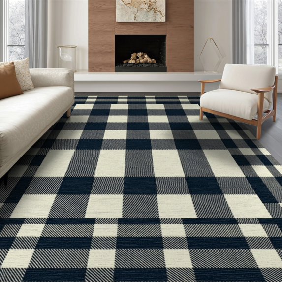ODIKA 8'x10' Washable Area Rug Non-Shedding, Easy Care, Checkered Farmhouse Plaid Gingham Border Doormat Rag Layered Refined Structured for King Size Bedroom Under Bed, Master Suite