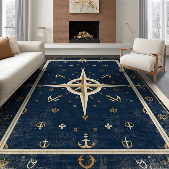 ODIKA 8'x10' Washable Area Rug Non-Shedding, Easy Care, Compass Boat Retro Maritime Rectangular Weathered Navy Round for King Size Bedroom Under Bed, Master Suite