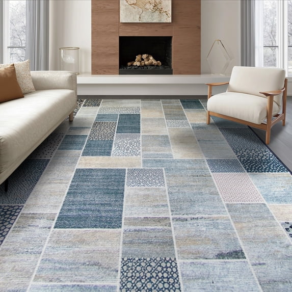 ODIKA 8'x10' Washable Area Rug Non-Shedding, Easy Care, Cow Melting Spotted Mosaic Block Contemporary Grid Fabric Print for King Size Bedroom Under Bed, Master Suite