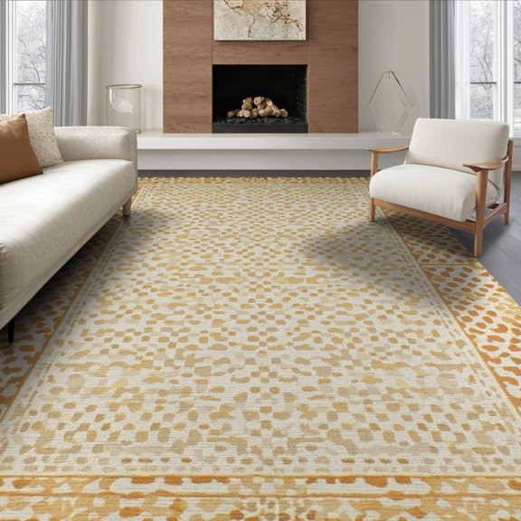 ODIKA 8'x10' Washable Area Rug Non-Shedding, Easy Care, Cow Spotted Bold Patchwork Block Motif Border Abstract Inspired for King Size Bedroom Under Bed, Master Suite
