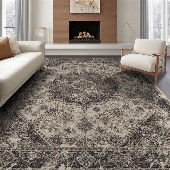 ODIKA 8'x10' Washable Area Rug Non-Shedding, Easy Care, Cream Boho Deep Tones Base Symmetrical Layout Academia Farmhouse for King Size Bedroom Under Bed, Master Suite