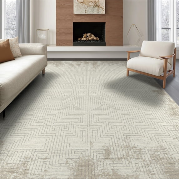 ODIKA 8'x10' Washable Area Rug Non-Shedding, Easy Care, Cream Faded Large Optical Illusion Lines Symmetrical Neutral for King Size Bedroom Under Bed, Master Suite