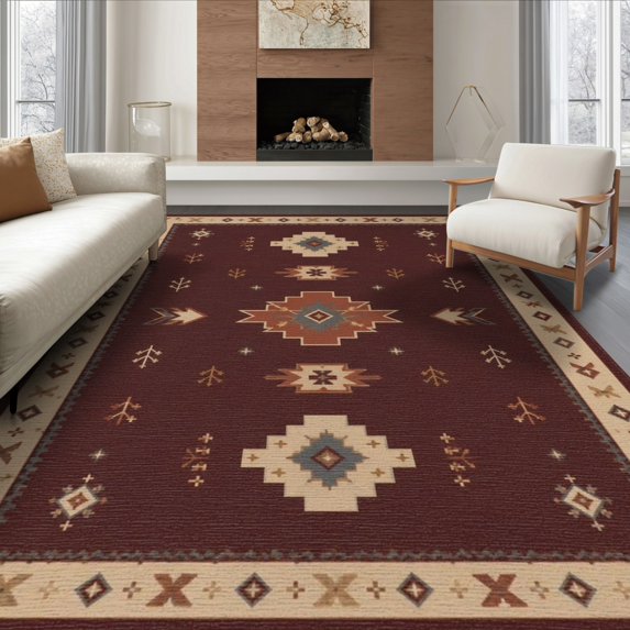 ODIKA 8'x10' Washable Area Rug Non-Shedding, Easy Care, Cream Rich Burgundy Geometric Symmetry Design Elegant Traditional with Detailed Border for King Size Bedroom Under Bed, Master Suite