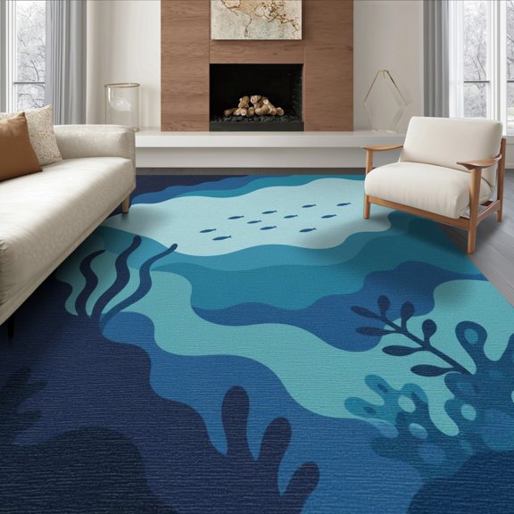 ODIKA 8'x10' Washable Area Rug Non-Shedding, Easy Care, Deep Blue Oceanic Waves and Marine Life Motif Elegant Scene with Flowing Water for King Size Bedroom Under Bed, Master Suite