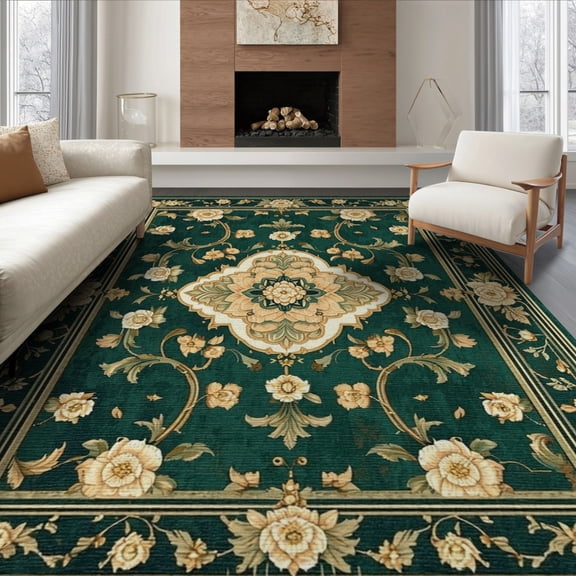 ODIKA 8'x10' Washable Area Rug Non-Shedding, Easy Care, Deep Green Vintage Floral Medallion Ornate with Distressed Vine Motifs for King Size Bedroom Under Bed, Master Suite