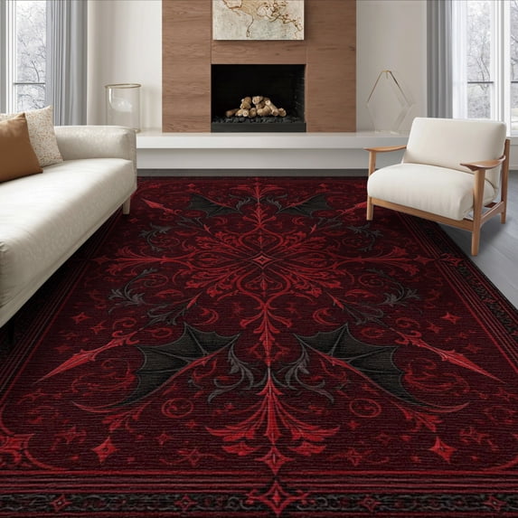 ODIKA 8'x10' Washable Area Rug Non-Shedding, Easy Care, Deep Red Black Gothic Elegance Intricate Bat Motif with Ornate Details for King Size Bedroom Under Bed, Master Suite