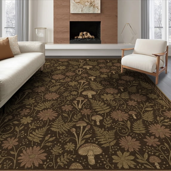 ODIKA 8'x10' Washable Area Rug Non-Shedding, Easy Care, Dining Academia Under Fern Mushroom Motif Decorative Table Alfombras for King Size Bedroom Bed, Master Suite