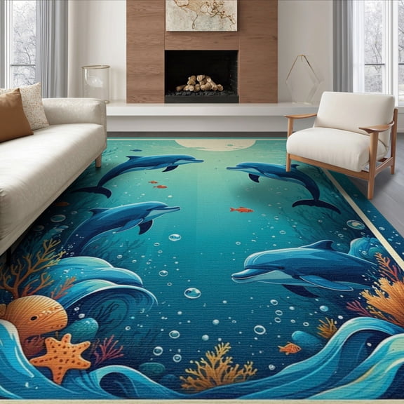ODIKA 8'x10' Washable Area Rug Non-Shedding, Easy Care, Dolphin Ocean Starfish Wave Border Marine Theme Themed Underwater for King Size Bedroom Under Bed, Master Suite