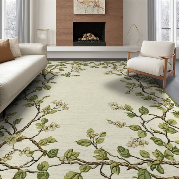 ODIKA 8'x10' Washable Area Rug Non-Shedding, Easy Care, Door Entry Welcome Farmhouse Vine Border Botanical Trailing Sprigs for King Size Bedroom Under Bed, Master Suite