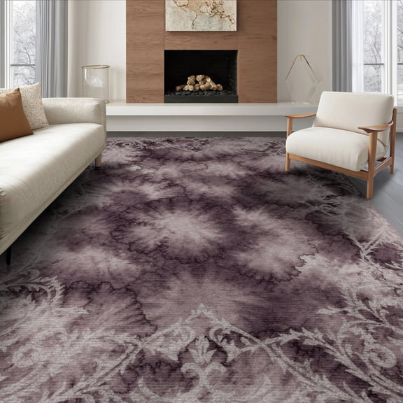 ODIKA 8'x10' Washable Area Rug Non-Shedding, Easy Care, Dye Tie Watercolor Gothic Ombre Purple Swirl Galaxy Gradient for King Size Bedroom Under Bed, Master Suite