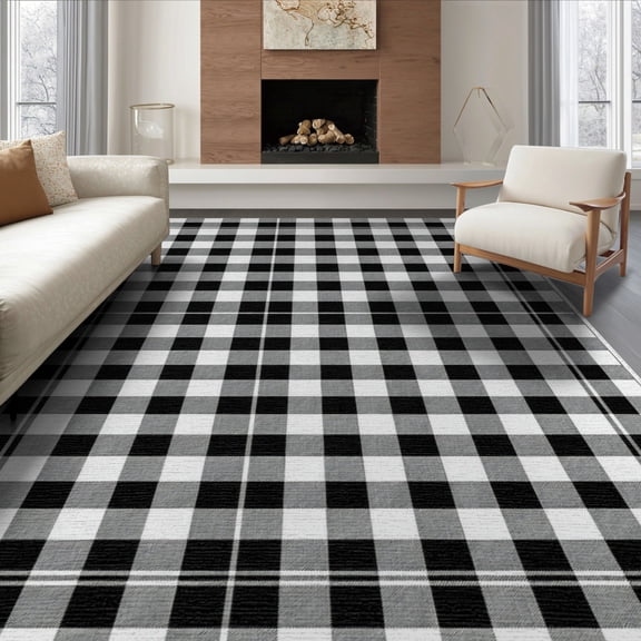 ODIKA 8'x10' Washable Area Rug Non-Shedding, Easy Care, Fabric Checkered Farmhouse Border Bathroom Checked Plaidcircle Plaid Flowing for King Size Bedroom Under Bed, Master Suite