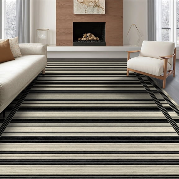 ODIKA 8'x10' Washable Area Rug Non-Shedding, Easy Care, Farmhouse Horizontal Lines Doormat Varied Width Striped Border for King Size Bedroom Under Bed, Master Suite