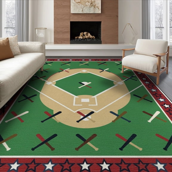 ODIKA 8'x10' Washable Area Rug Non-Shedding, Easy Care, Field Sport Diamond With Athletic Star Border And Bat Motif Baseball Flowing for King Size Bedroom Under Bed, Master Suite