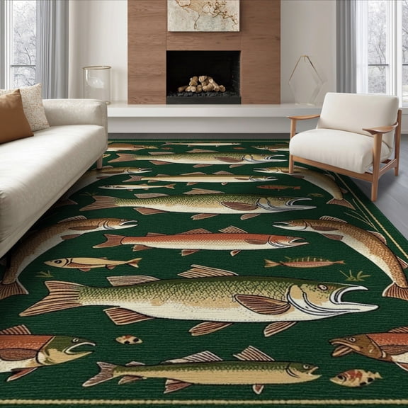 ODIKA 8'x10' Washable Area Rug Non-Shedding, Easy Care, Fish Fishing Bass Cabin Vintage Lure Motifs Tackle Motif Border for King Size Bedroom Under Bed, Master Suite