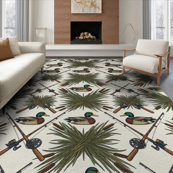 ODIKA 8'x10' Washable Area Rug Non-Shedding, Easy Care, Fishing Reel Cattail Border Theme Vintage Lure Hunting Mallard Refined for King Size Bedroom Under Bed, Master Suite