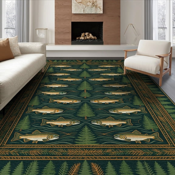 ODIKA 8'x10' Washable Area Rug Non-Shedding, Easy Care, Folk Cabin Salmon Forest Banded Border Lake Tackle Fish Fishing Refined for King Size Bedroom Under Bed, Master Suite