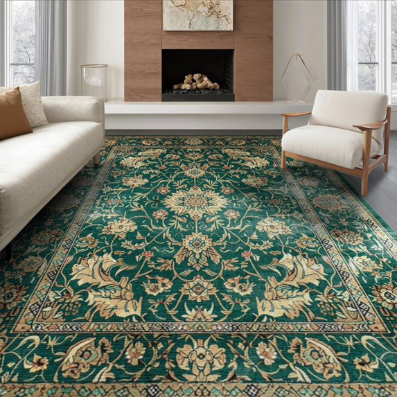 ODIKA 8'x10' Washable Area Rug Non-Shedding, Easy Care, Forest Vintage Bold Distressed Damask Decorative Sage Alfombra for King Size Bedroom Under Bed, Master Suite