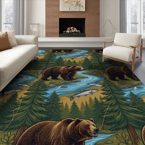 ODIKA 8'x10' Washable Area Rug Non-Shedding, Easy Care, Forest Wildlife Motif Border Print Motifs Lake Cabin Fishing Refined Structured for King Size Bedroom Under Bed, Master Suite