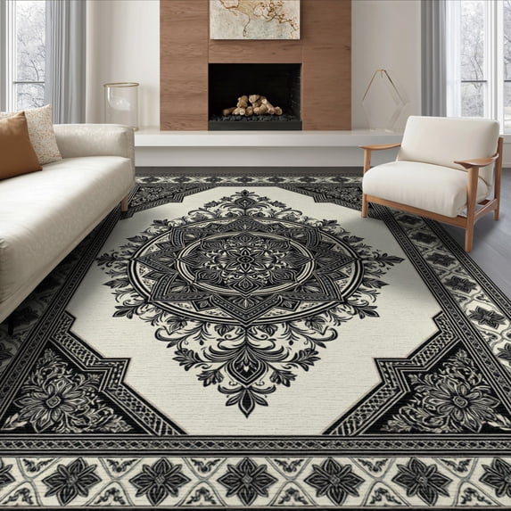 ODIKA 8'x10' Washable Area Rug Non-Shedding, Easy Care, Foyer Center Boho Symmetrical Motif Decorative Entryway Beige for King Size Bedroom Under Bed, Master Suite