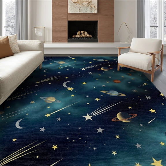 ODIKA 8'x10' Washable Area Rug Non-Shedding, Easy Care, Galaxy Design With Planets Moons And Shooting Stars Space Night Sky Playful for King Size Bedroom Under Bed, Master Suite