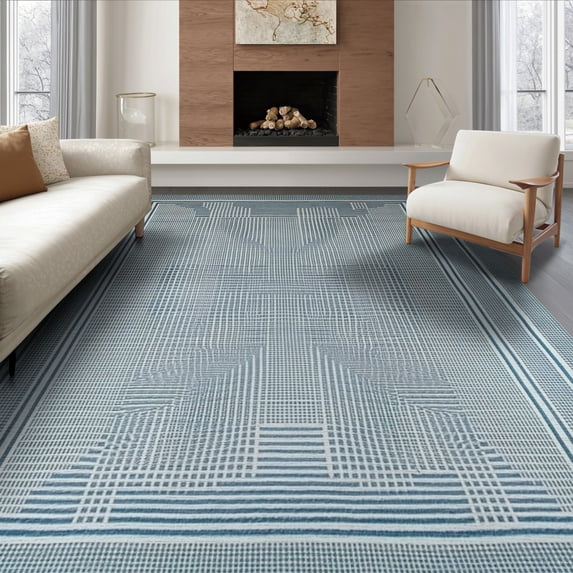 ODIKA 8'x10' Washable Area Rug Non-Shedding, Easy Care, Geometric Abstract Line With Interlocking Grid And Minimalist Border for King Size Bedroom Under Bed, Master Suite