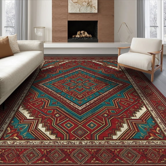 ODIKA 8'x10' Washable Area Rug Non-Shedding, Easy Care, Geometric Boho Design With Central Medallion And Decorative Framework for King Size Bedroom Under Bed, Master Suite