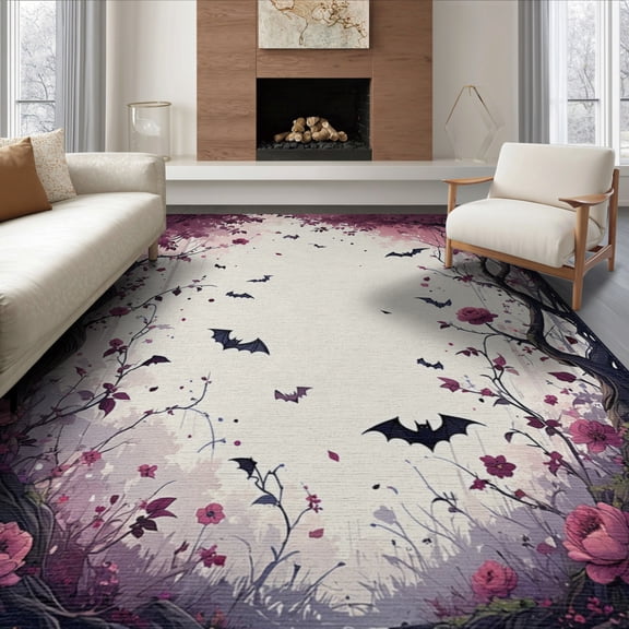 ODIKA 8'x10' Washable Area Rug Non-Shedding, Easy Care, Gothic Bat Halloween Flowers Plum Boho Floral Motif with Symmetrical Vines for King Size Bedroom Under Bed, Master Suite